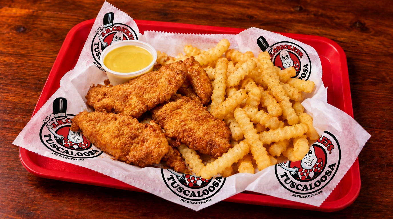 Crispy golden chicken tenders with crinkle-cut fries and dipping sauce in a red J.R. Crickets tray