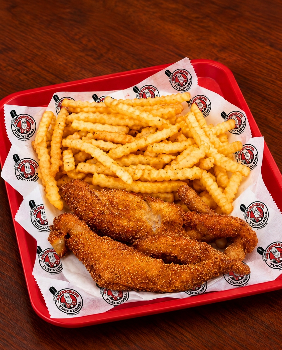 Golden hand-battered catfish basket in a red J.R. Crickets tray