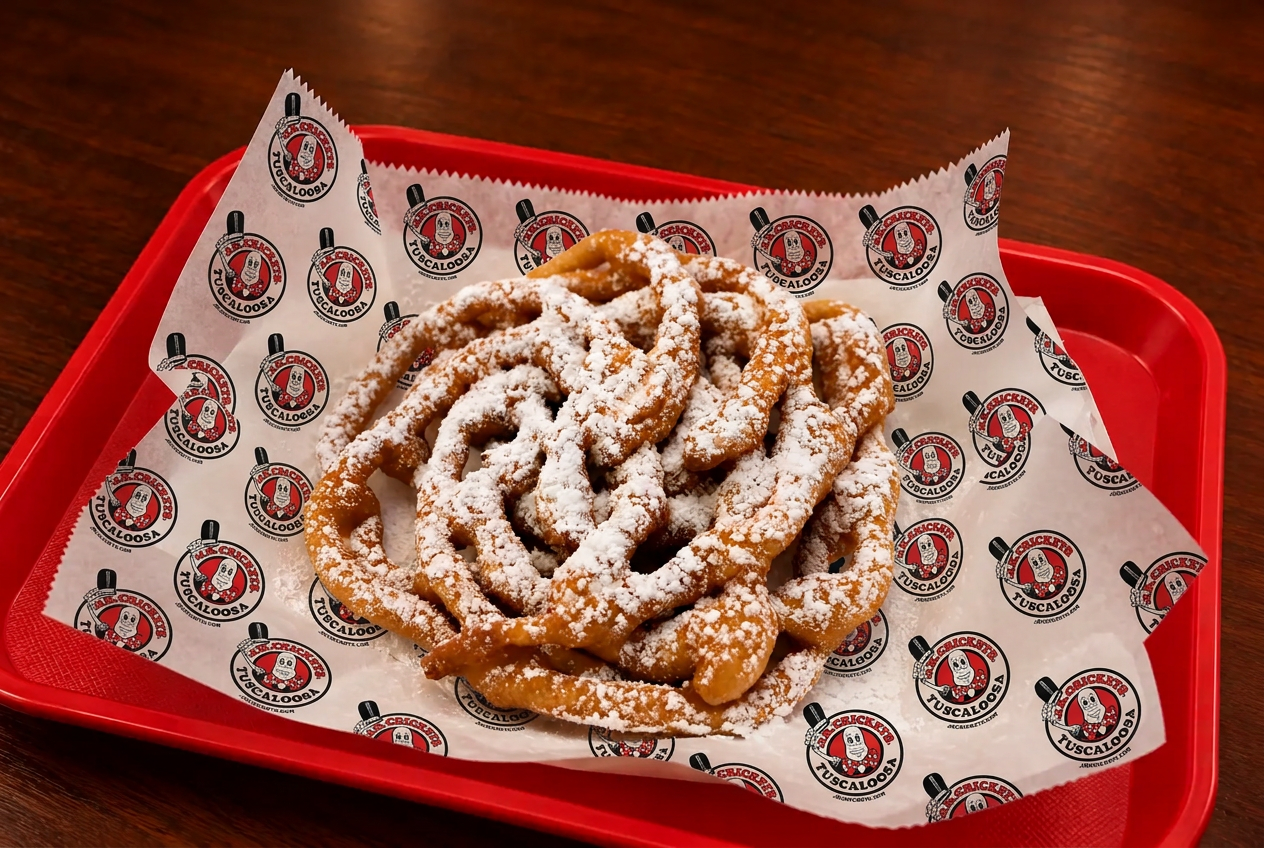 Fresh funnel cake dusted with powdered sugar