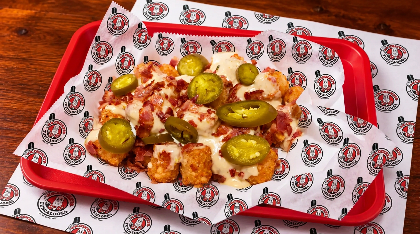 Loaded tater tots with sausage and cheese in a red J.R. Crickets tray