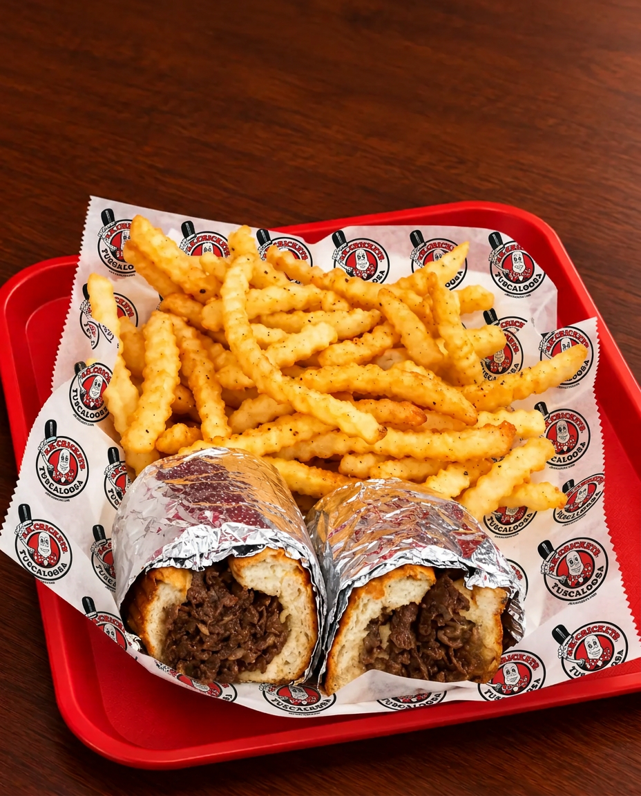 J.R. Crickets steak and cheese Philly with crinkle-cut fries