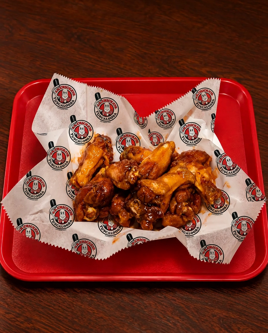 Glossy sauced J.R. Crickets wings in a red basket