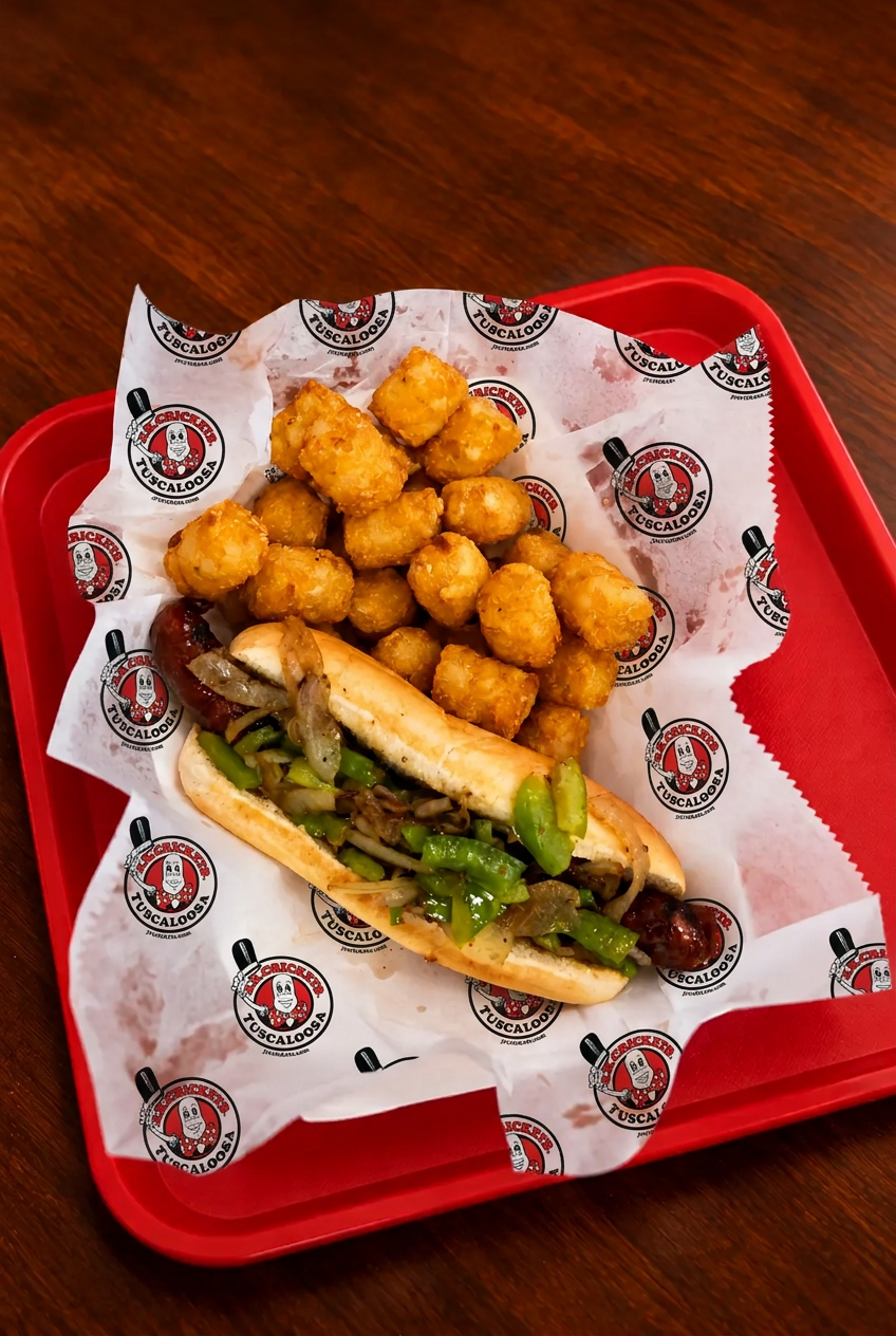 Grilled sausage sandwich with peppers, onions and crispy tots