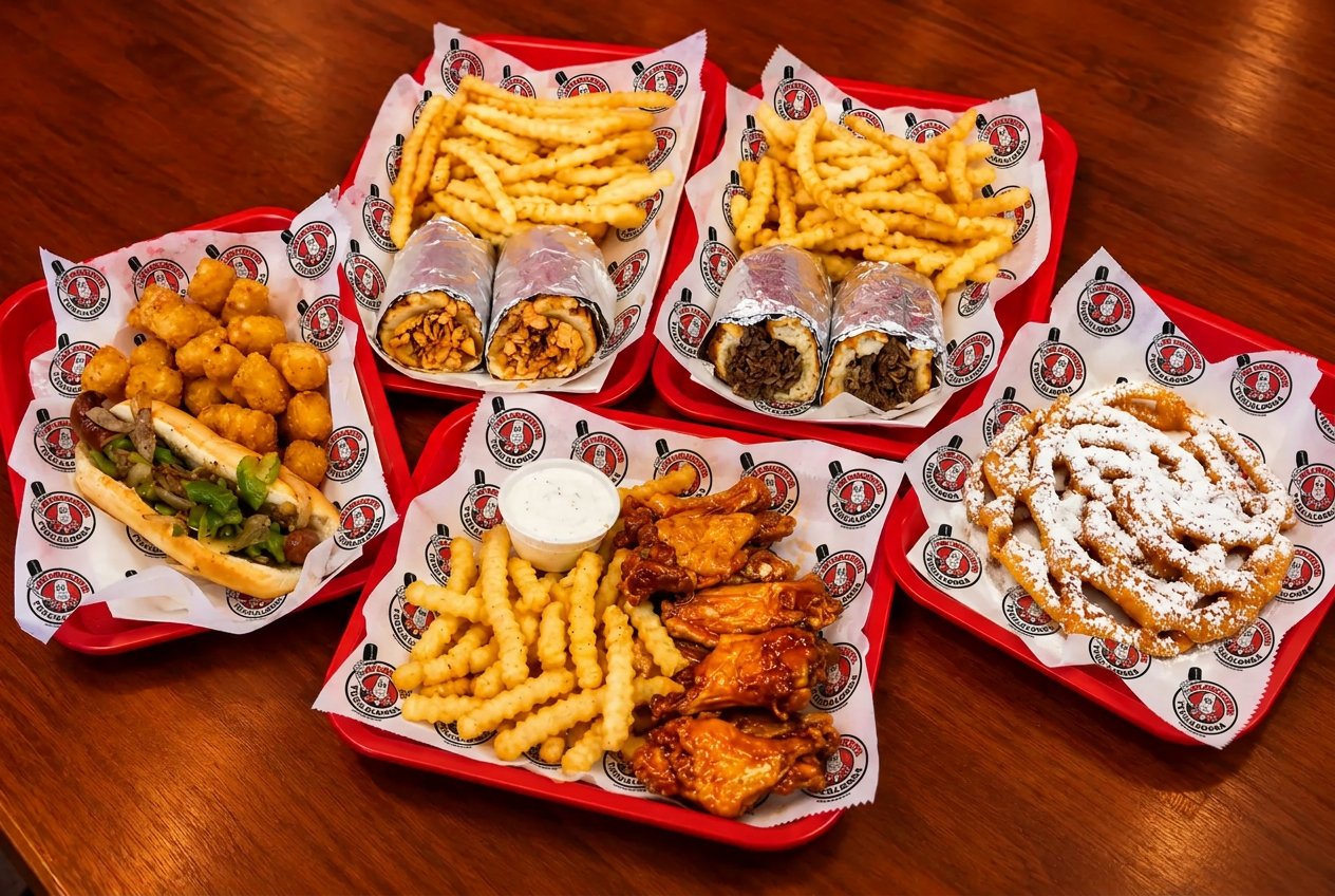 A table spread of J.R. Crickets wings, sandwiches, fries and funnel cake