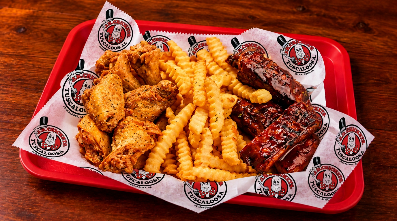 J.R. Crickets wings and ribs platter with crinkle-cut fries in a red tray