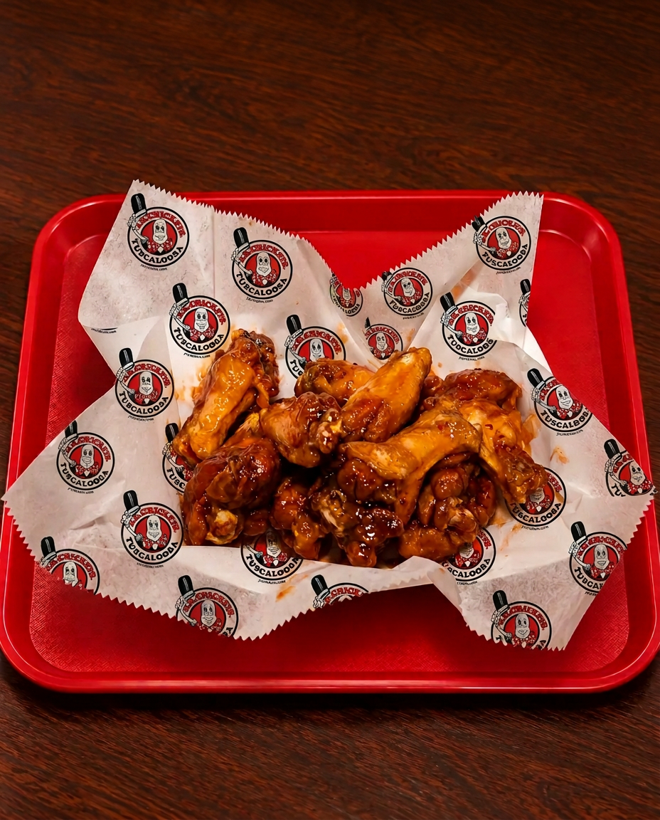 House buffalo wings on logo-printed deli paper in a red J.R. Crickets tray
